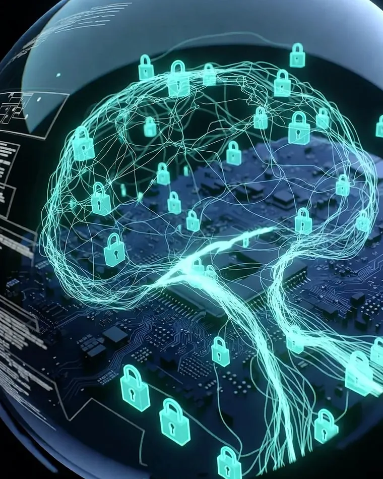A neural network wrapped in glowing padlocks on a circuit board