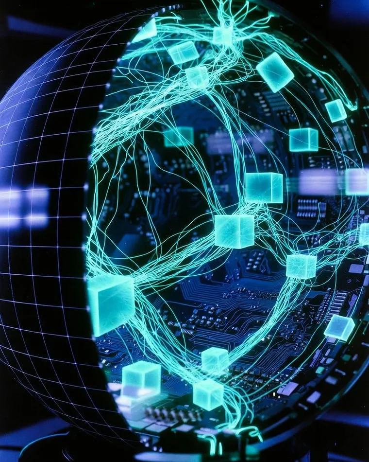 A lattice sphere opening onto a circuit board with glowing data cubes